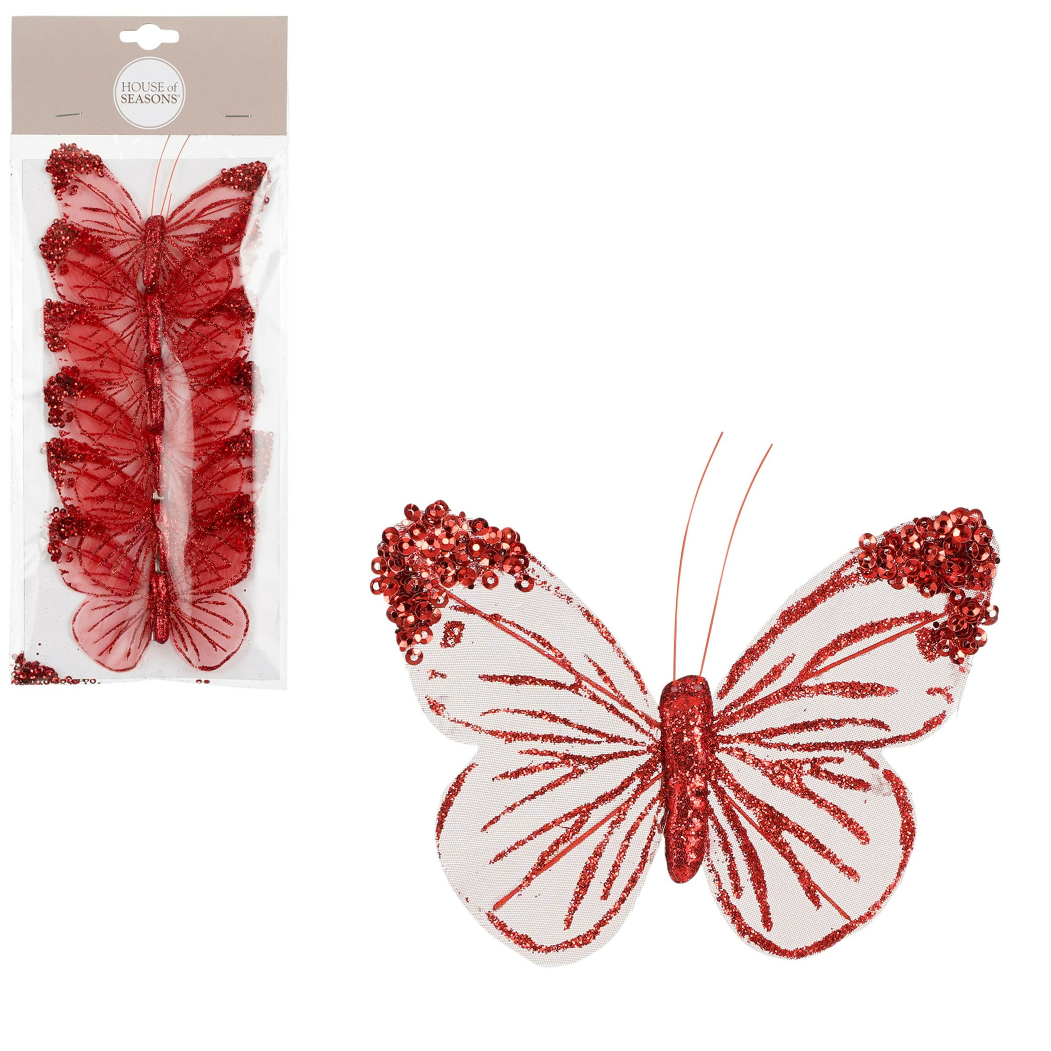 Decoratie vlinders op clip - 6x stuks - rood/wit - 10 cm - organza