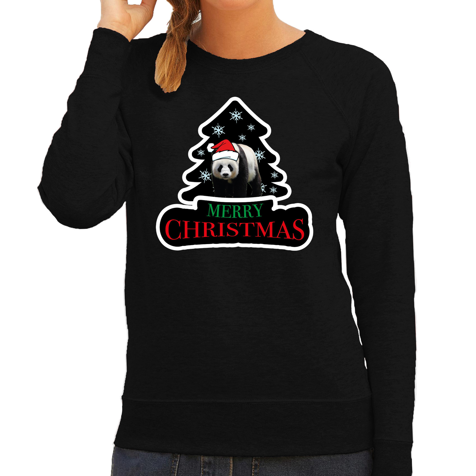 Dieren kersttrui panda zwart dames Foute pandaberen kerstsweater