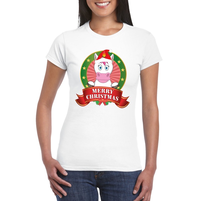 Eenhoorn Kerst t-shirt wit Merry Christmas voor dames