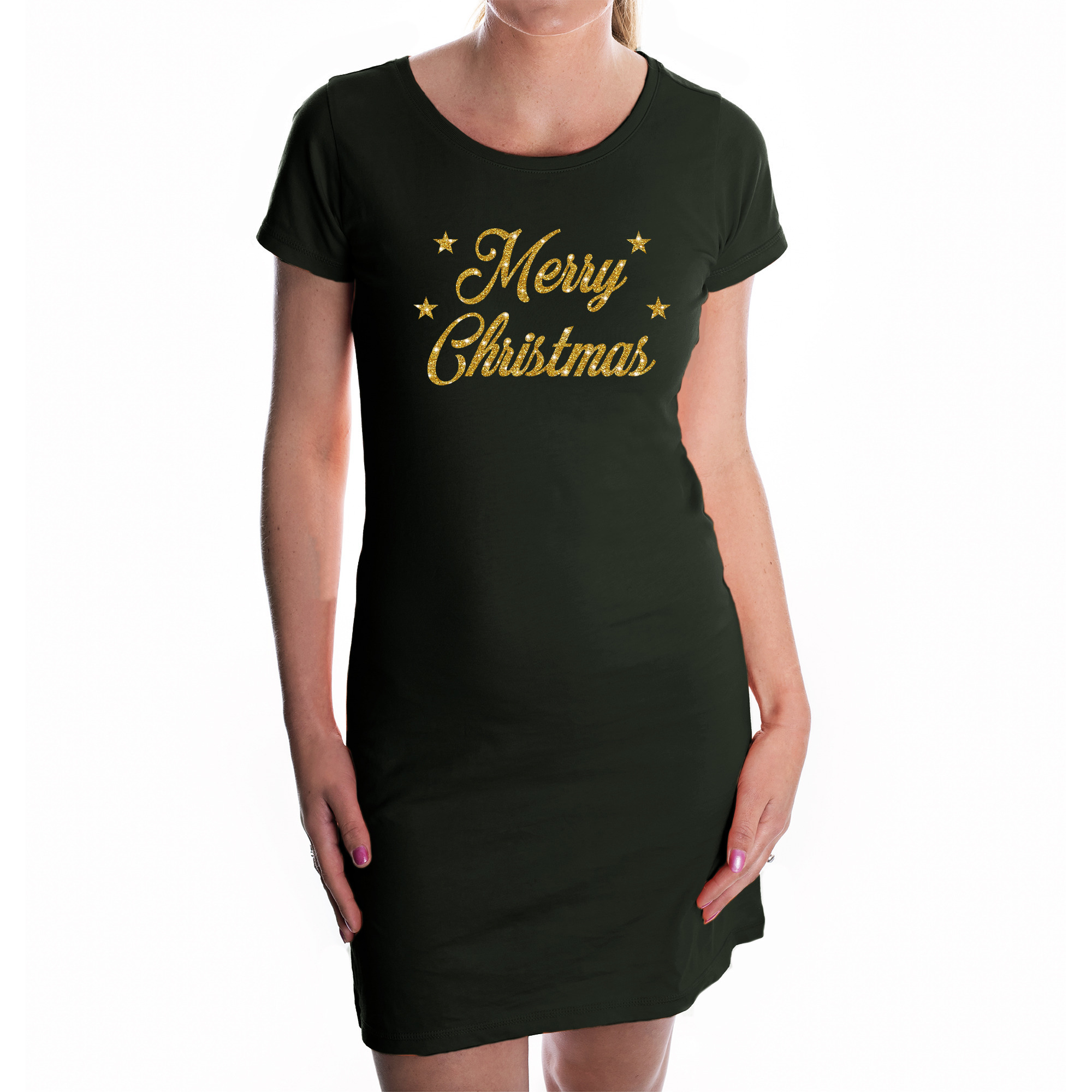 Fout kerst jurkje Merry Christmas glitter goud op zwart voor dames - Kerst kleding - outfit