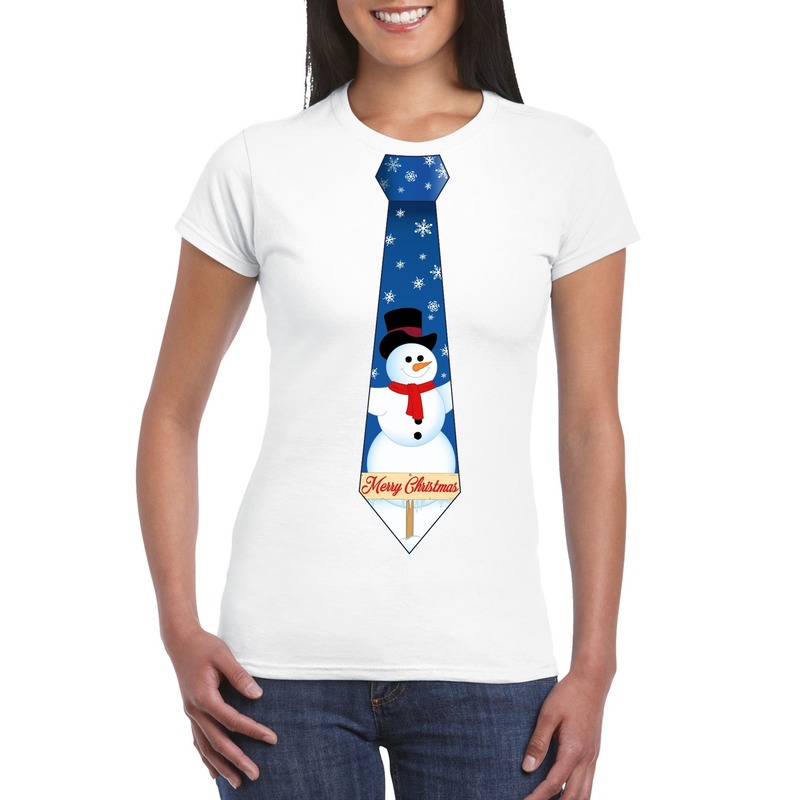 Fout kerst t-shirt wit met sneeuwpop stropdas voor dames