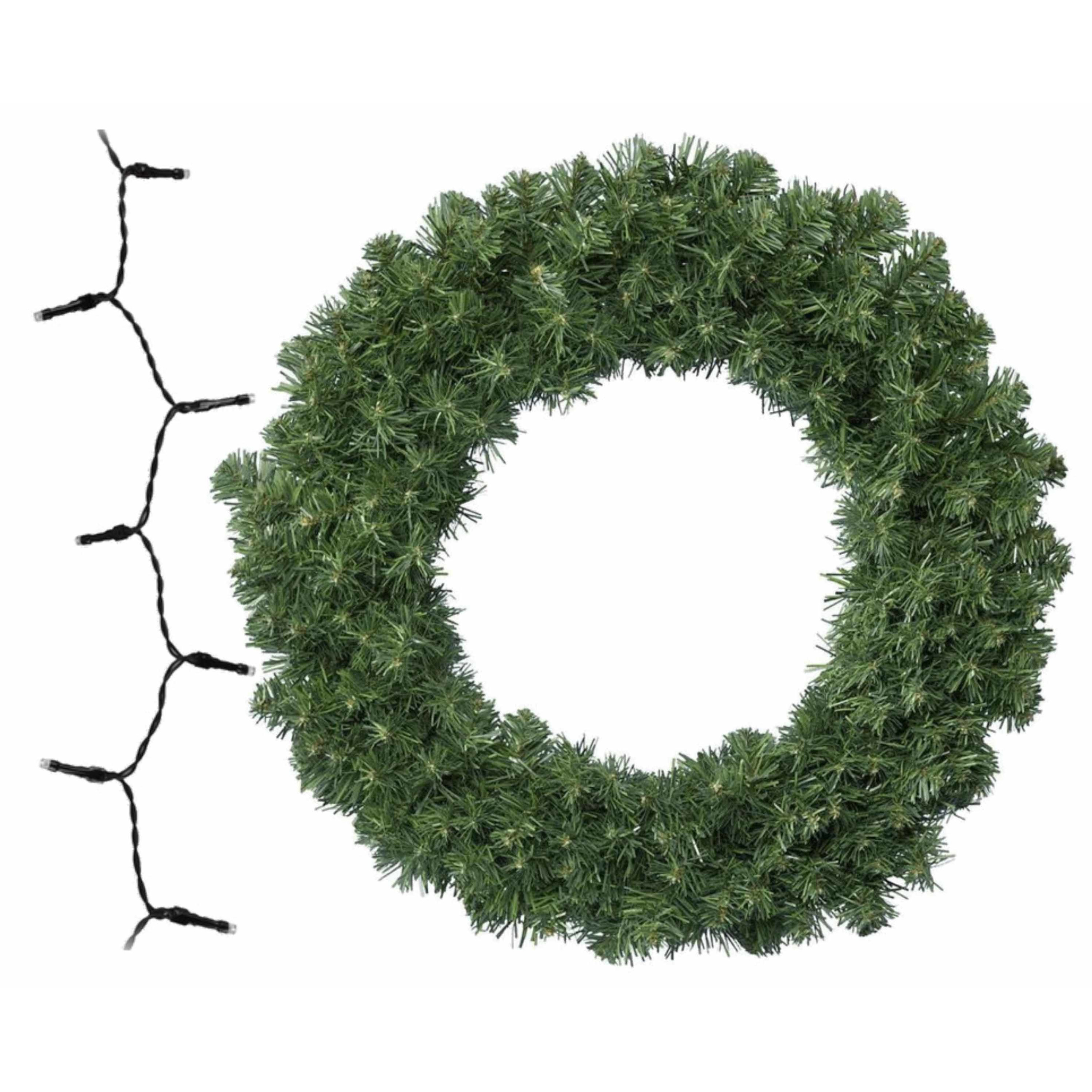 Groene kerstkrans/dennenkrans/deurkrans 50 cm inclusief warm witte verlichting