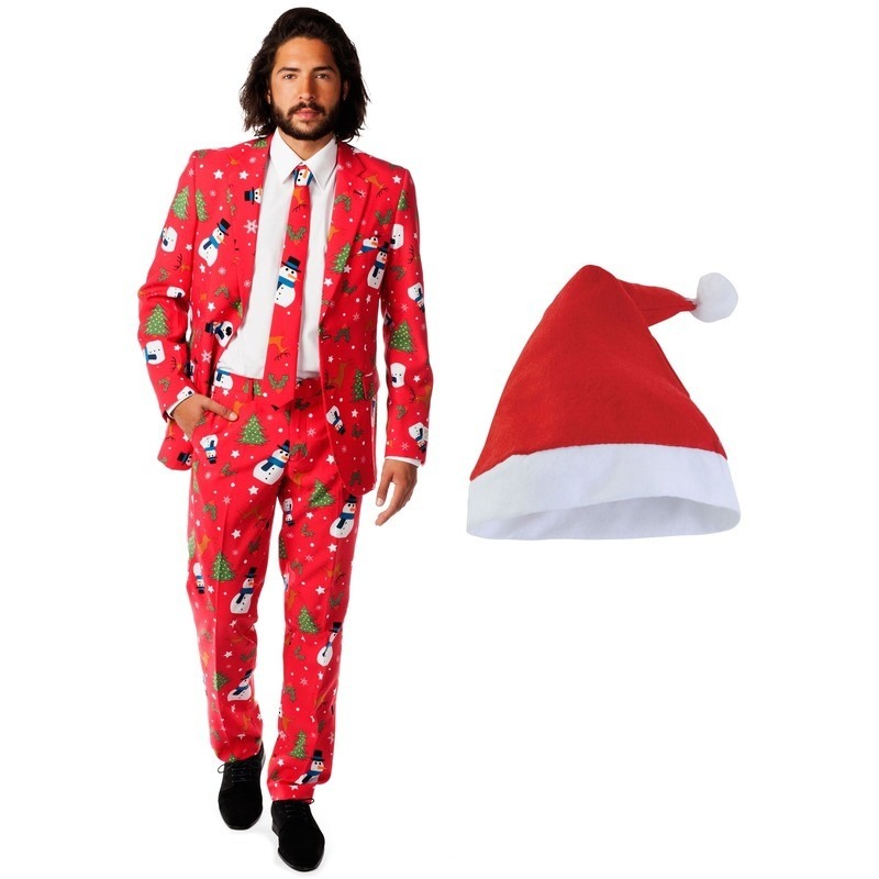 Heren Opposuits Kerst kostuum rood met kerstmuts - maat 56 (3XL)
