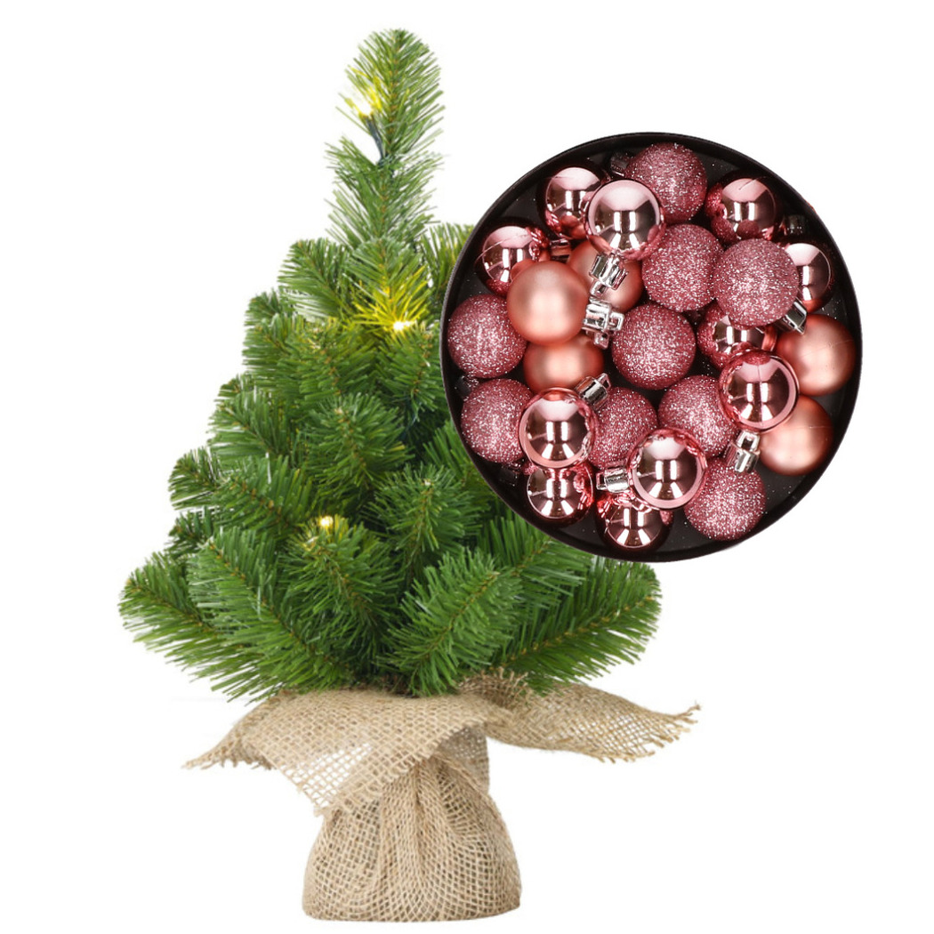 Mini kerstboom/kunstboom met verlichting 45 cm en inclusief kerstballen roze