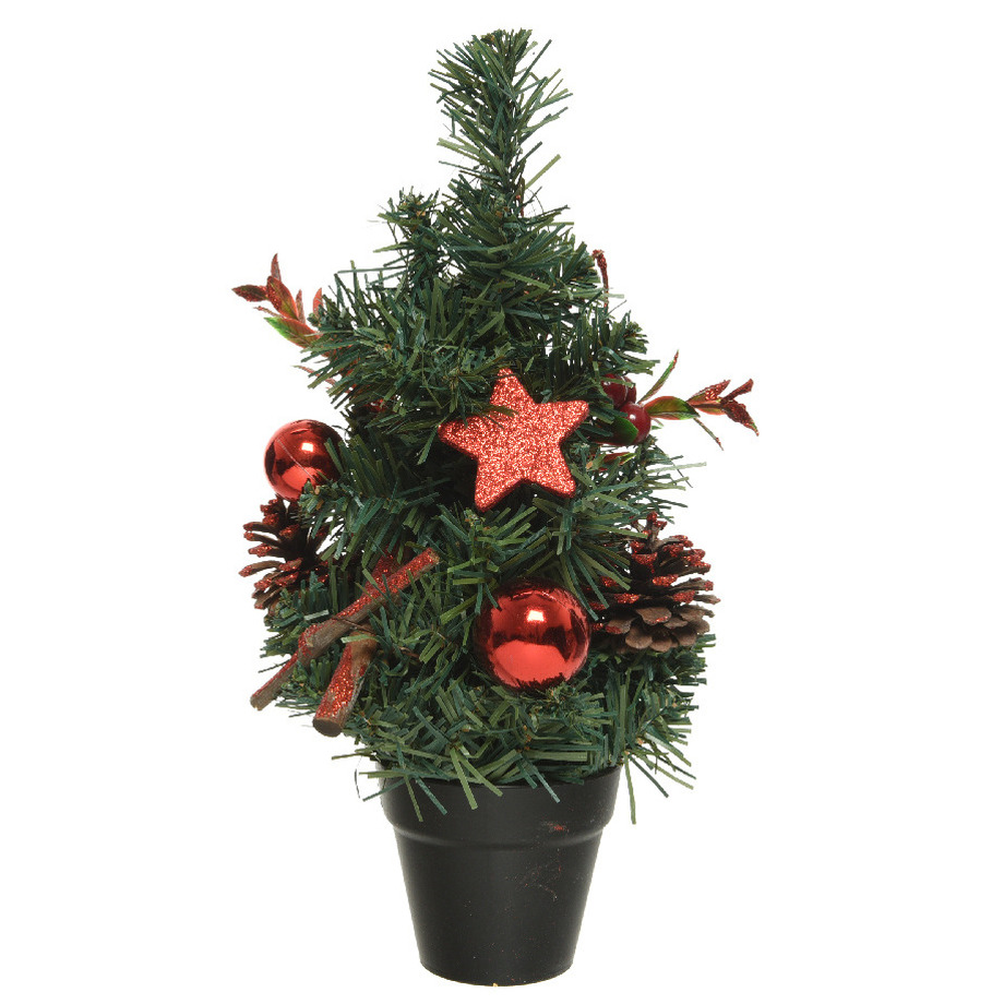 Mini kunst kerstbomen/kunstbomen met rode versiering 30 cm