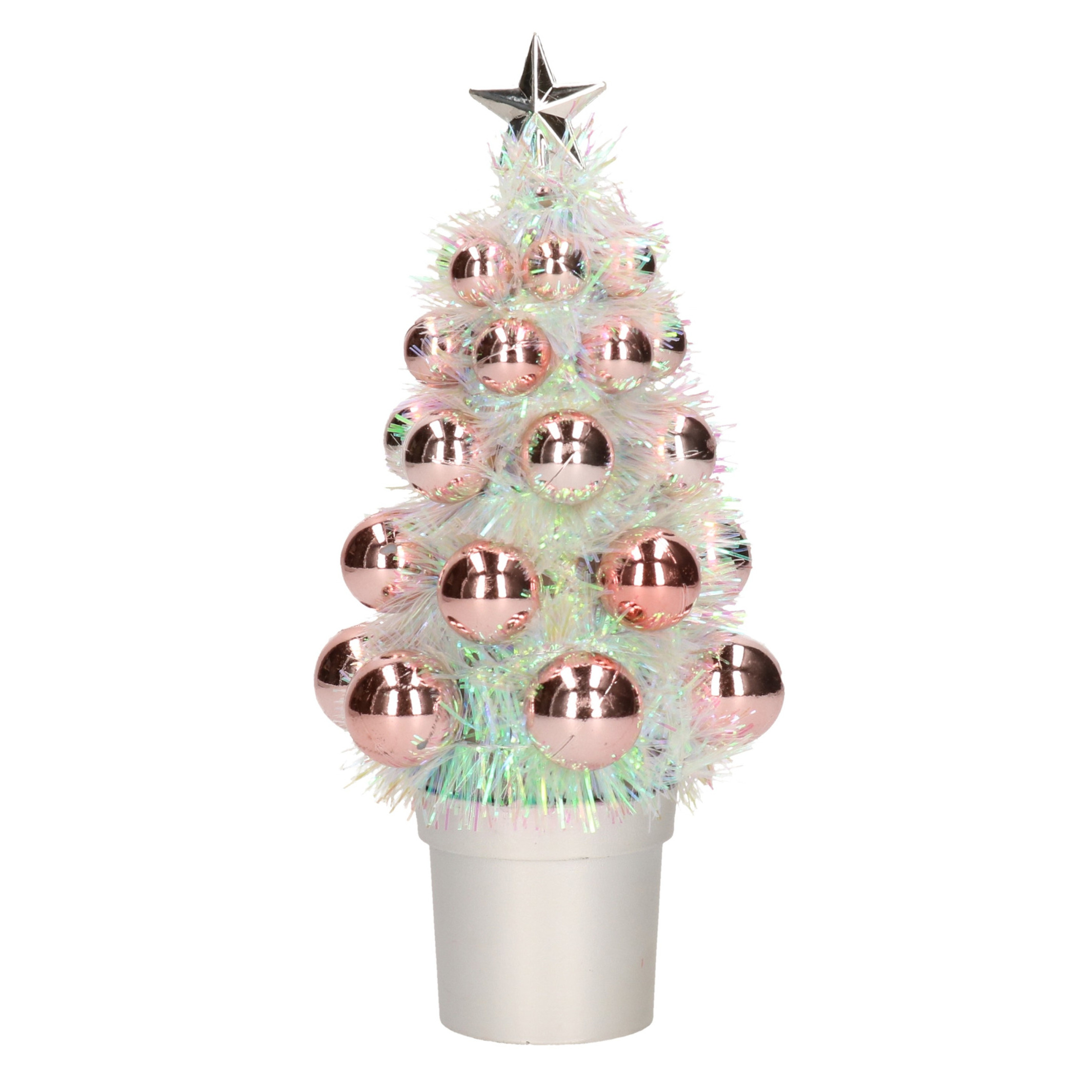 Mini kunst kerstboompje zalm roze met kerstballen 19 cm