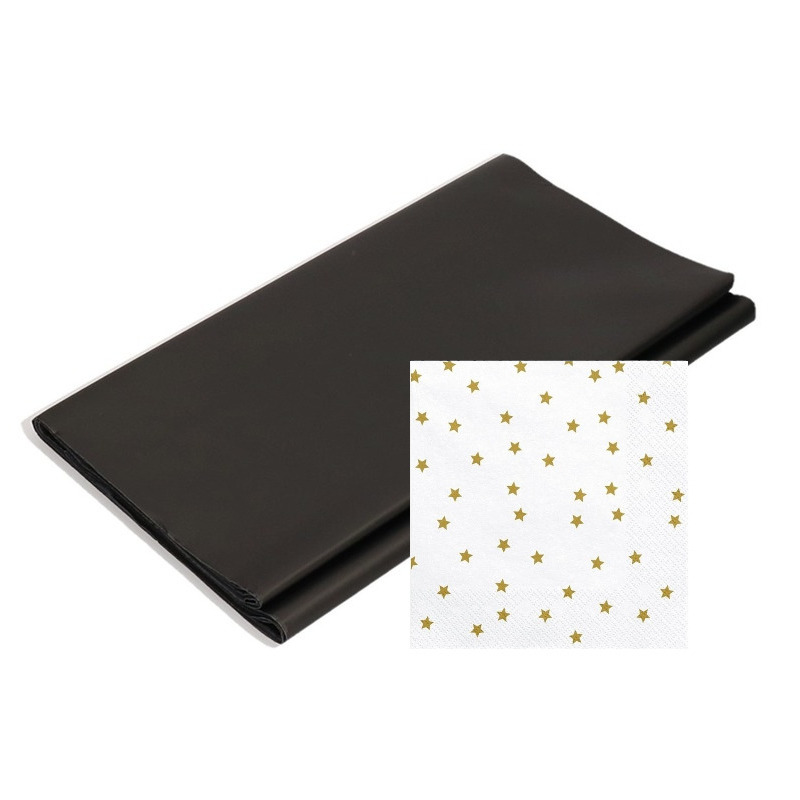 Papieren tafelkleed/tafellaken zwart inclusief servetten met sterretjes