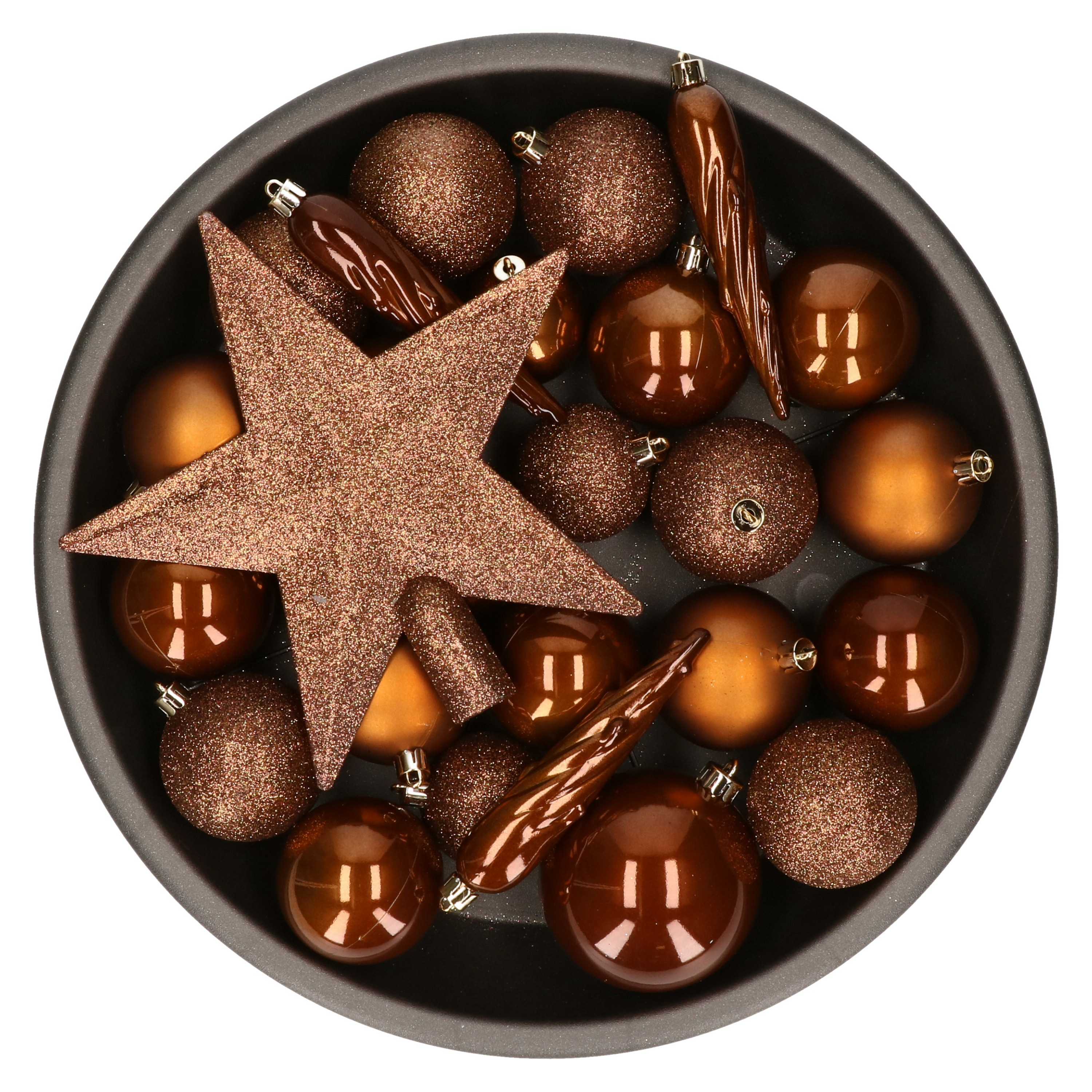 Set van 33x stuks kunststof kerstballen met ster piek kaneel bruin mix