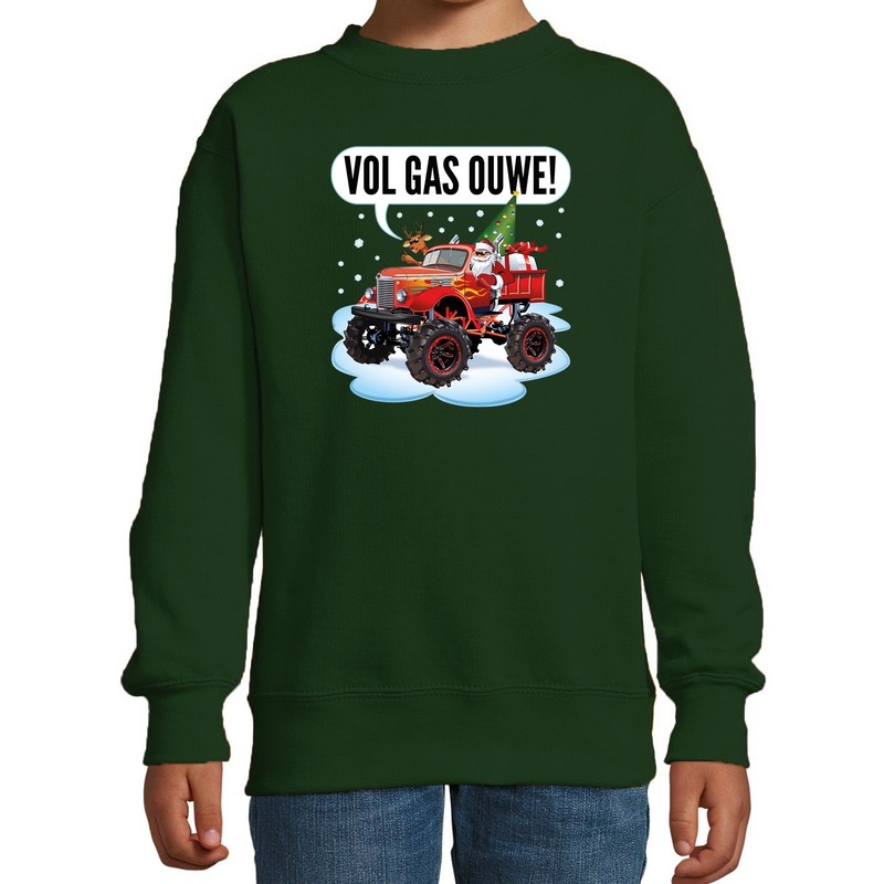 Stoere kersttrui - sweater vol gas ouwe monstertruck groen kids
