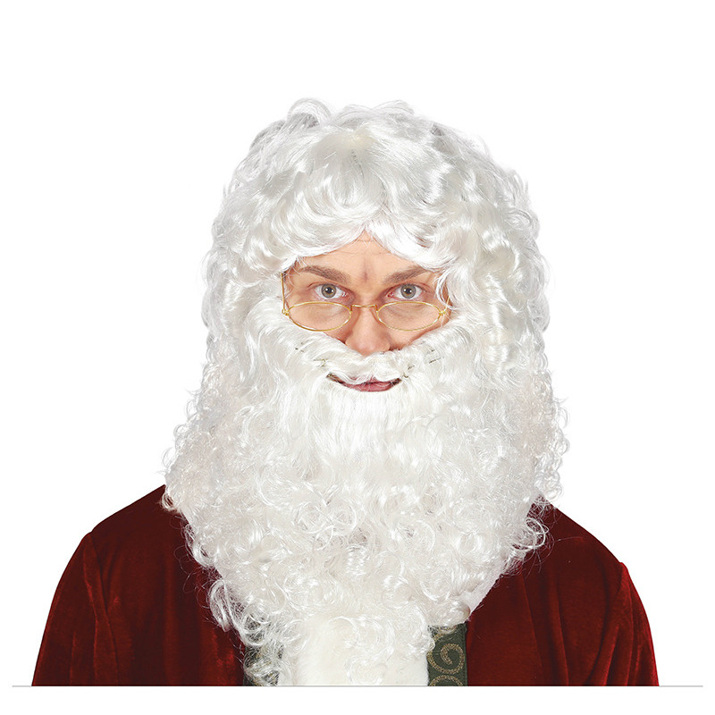 Verkleedpruik voor heren met krullen - De kerstman - wit - met volle baard en snor