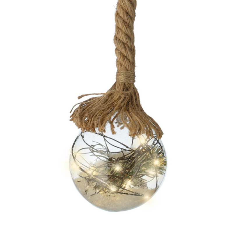 Verlichte kerstbal glas aan touw D10 cm 15 lampjes -warm wit
