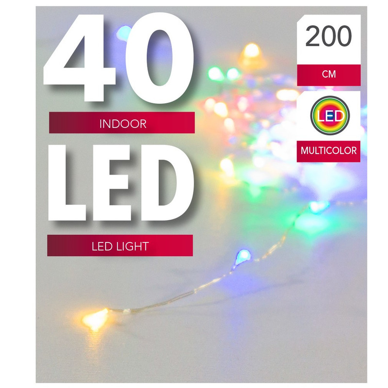 Verlichting lichtdraad zilver 40 pastel gekleurde lampjes op batterijen 200 cm