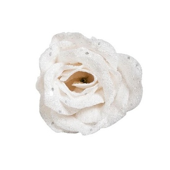 Witte rozen met glitters op clip 7 cm - kerstversiering