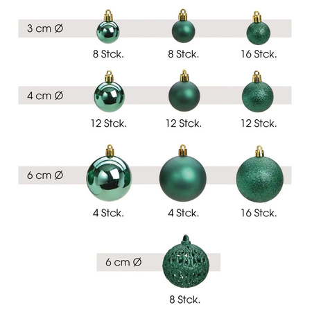 100x Emerald groene kunststof kerstballen 3, 4 en 6 cm