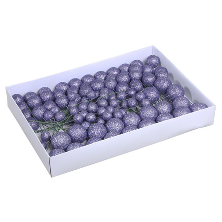 100x Purple glitter mini baubles on wires 2/3/4 cm plastic