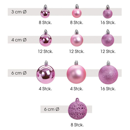 100x Roze kunststof kerstballen 3, 4 en 6 cm