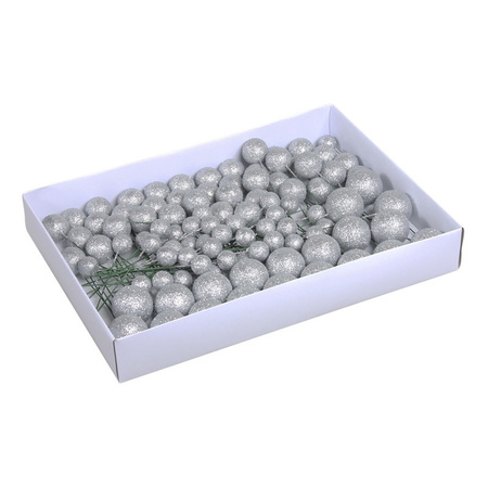 100x Zilveren glitter mini kerstballen stekers kunststof 2/3/4 cm