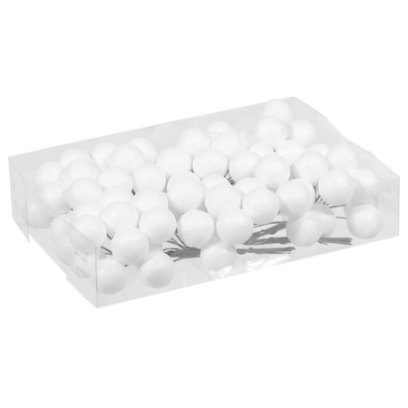 10x Bundeltjes met 8x witte glitter mini kerstballen stekers kunststof 3 cm 