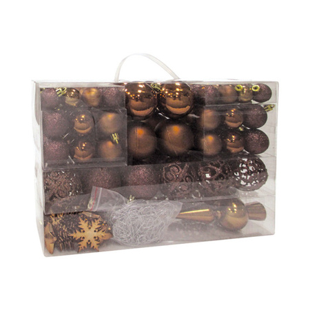 111x pcs plastic christmas baubles brown 3, 4 and 6 cm with tree topper