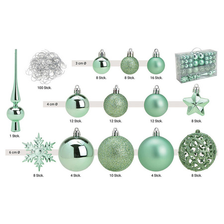 111x pcs plastic christmas baubles mint green 3, 4 and 6 cm with tree topper