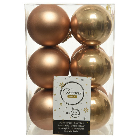 Kerstversiering kunststof kerstballen mix zwart/camel bruin 4-6-8 cm pakket van 68x stuks