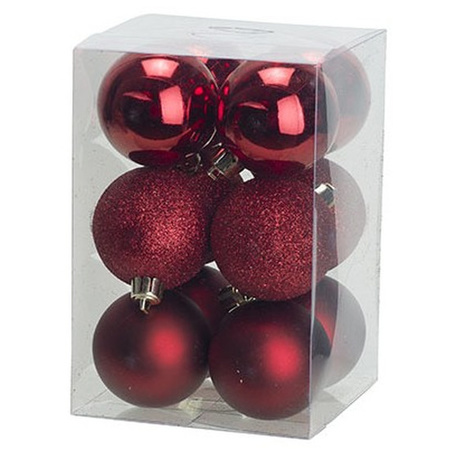 24x stuks kunststof kerstballen mix van donkerrood en rood 6 cm