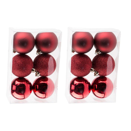 12x Dark red Christmas baubles 8 cm plastic matte/shiny/glitter