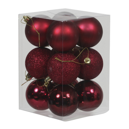 12x Donkerrode kunststof kerstballen 6 cm glans/mat/glitter