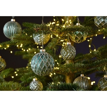 12x Groene glazen kerstballen met zilveren decoratie 8 cm
