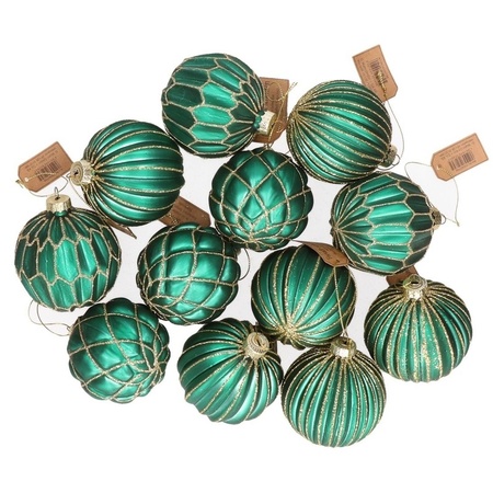 12x Groene glazen kerstballen met zilveren decoratie 8 cm