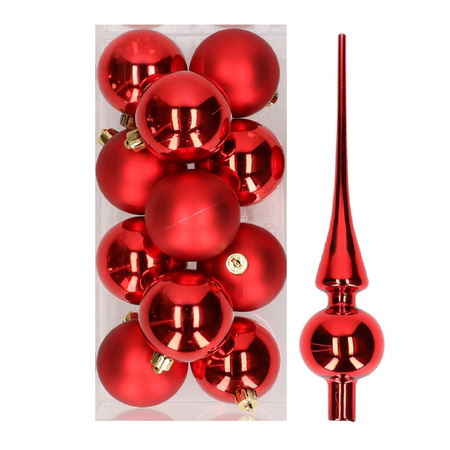 12x Christmas red Christmas baubles 6 cm plastic matte/shiny with tree topper shiny