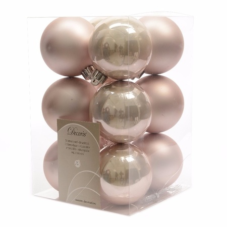 12x Lichtroze kerstballen 6 cm kunststof mat/glans