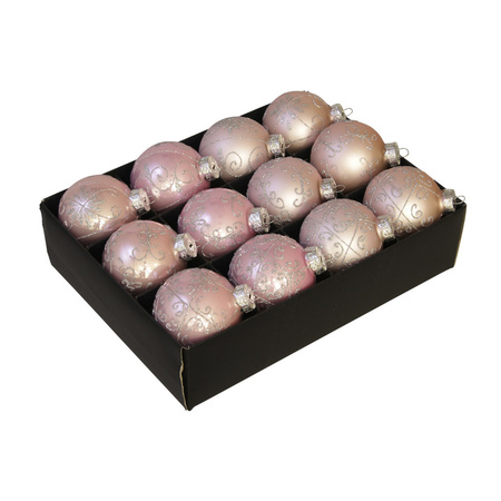 12x Luxe glazen gedecoreerde poeder roze kerstballen 7,5 cm
