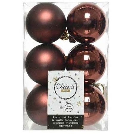 12x Mahonie bruine kerstballen 6 cm kunststof mat/glans