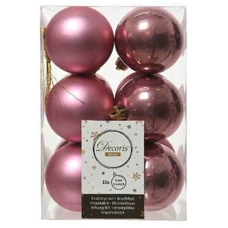 36x Christmas baubles mix of light pink, black and velvet pink 6 cm plastic matte/shiny