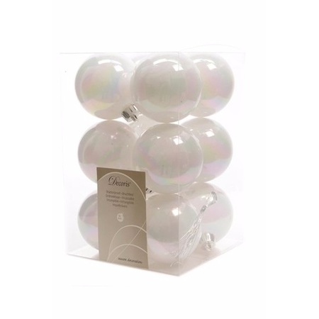 12x Parelmoer witte kunststof kerstballen met glazen piek glans