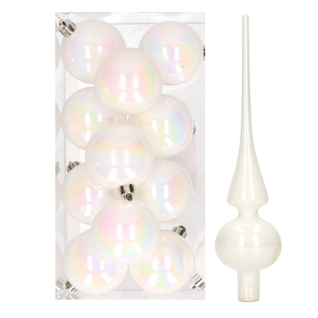 12x Pearlescent white christmas baubles 6 cm plastic matte/shiny with tree topper shiny
