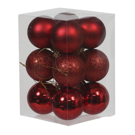 12x Rode kunststof kerstballen 6 cm glans/mat/glitter