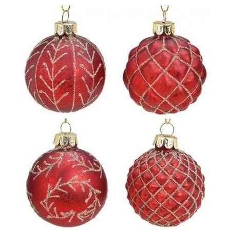 12x Rode luxe glazen kerstballen met gouden decoratie 6 cm