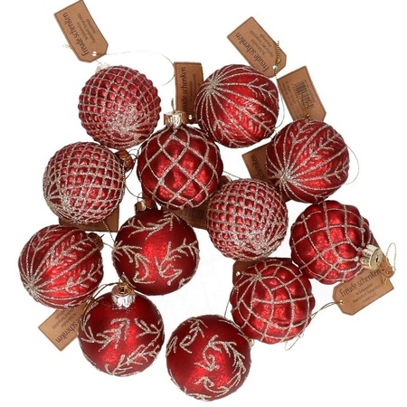 12x Rode luxe glazen kerstballen met gouden decoratie 6 cm
