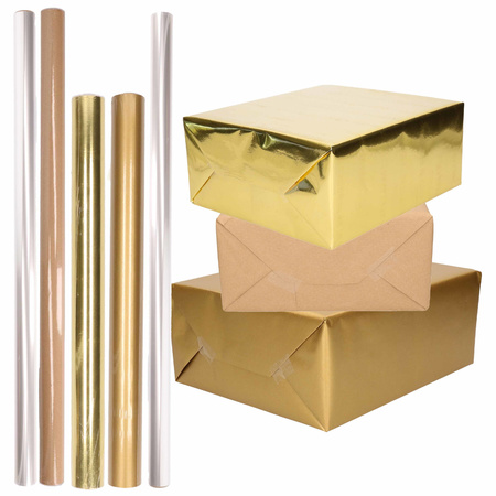 12x Rollen kraft inpakpapier goud/transparant pakket - goud/cellofaan/bruin 500 x 70 cm - 400 x 50 c