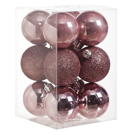 24x Christmas baubles mix pink and silver 6 cm plastic matte/shiny/glitter