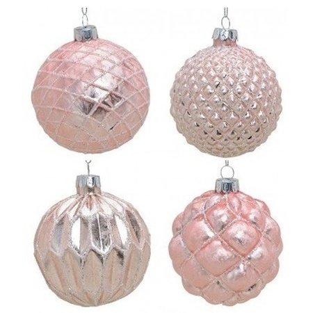 12x Roze luxe glazen kerstballen met gouden decoratie 8 cm