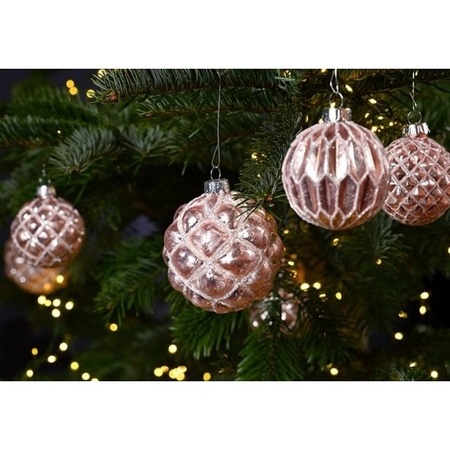 12x Roze luxe glazen kerstballen met gouden decoratie 8 cm