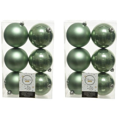 12x Sage green Christmas baubles 8 cm plastic matte/shiny