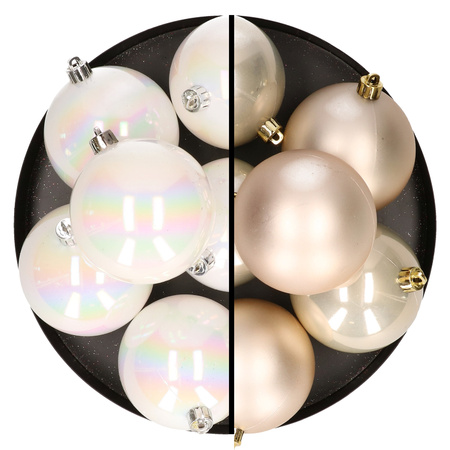 12x pcs plastic christmas baubles 8 cm mix of champagne and white pearl