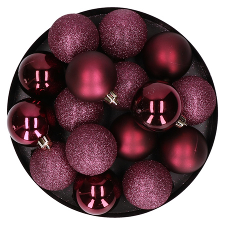 12x stuks kunststof kerstballen aubergine roze 6 cm mat/glans/glitter