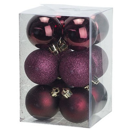 24x Christmas baubles mix aubergine and pink 6 cm plastic matte/shiny/glitter