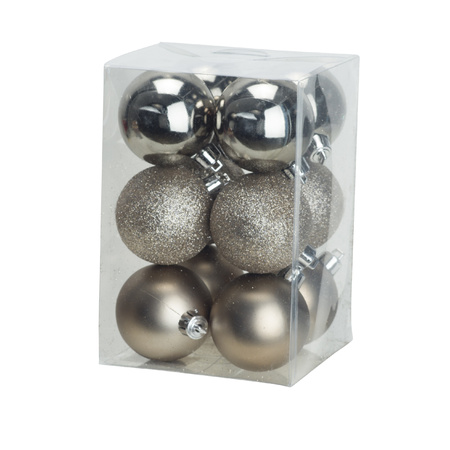 24x Christmas baubles mix champagne and dark brown 6 cm plastic matte/shiny/glitter