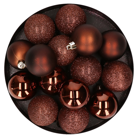 12x stuks kunststof kerstballen donkerbruin 6 cm mat/glans/glitter